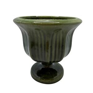 Haeger USA Vintage Moss Green Drip Glaze Ceramic Pedestal Planter Fluted Urn